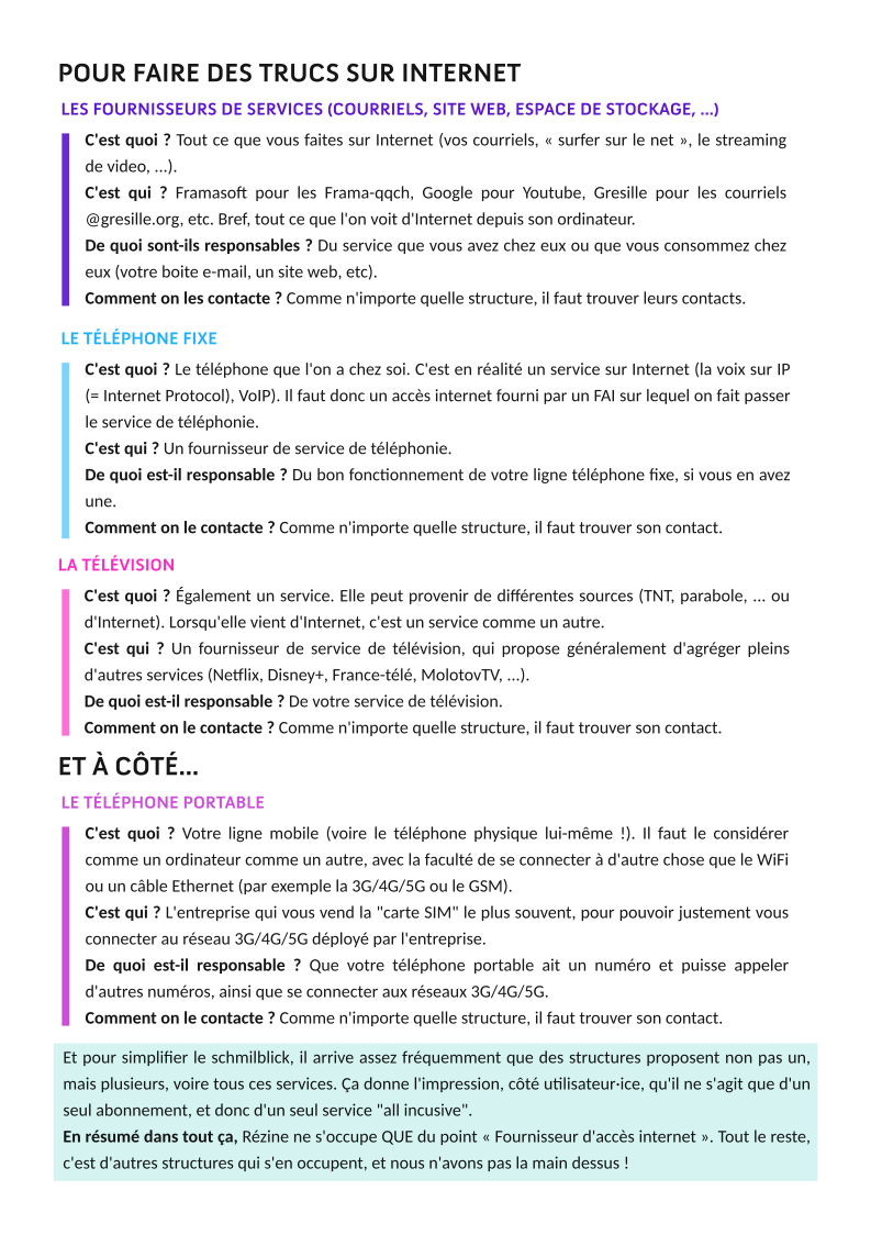  POUR FAIRE DES TRUCS SUR INTERNET  Les fournisseurs de service (courriels, sites web, espaces de stockage,…) C’est quoi ? Tout ce que vous faites sur Internet (vos courriels, « surfer sur le net », le streaming de video, …). C’est qui ? Framasoft pour les Frama-qqch, Google pour YouTube, Gresille pour les courriels@gresille.org, etc. Bref, tout ce que l’on voit d’Internet depuis son ordinateur. De quoi sont-ils responsables ? Du service que vous avez chez eux ou que vous consommez chez eux (votre boite e-mail, un site web, etc). Comment on les contacte ? Comme n’importe quelle structure, il faut trouver leurs contacts.  Le téléphone fixe C’est quoi ? Le téléphone que l’on a chez soi. C’est en réalité un service sur Internet (la voix sur IP (= Internet Protocol), VoIP). Il faut donc un accès internet fourni par un FAI sur lequel on fait passer le service de téléphonie. C’est qui ? Un fournisseur de service de téléphonie. De quoi est-il responsable ? Du bon fonctionnement de votre ligne téléphone fixe, si vous en avez une. Comment on le contacte ? Comme n’importe quelle structure, il faut trouver son contact.  La télévision C’est quoi ? Également un service. Elle peut provenir de différentes sources (TNT, parabole, … ou d’Internet). Lorsqu’elle vient d’Internet, c’est un service comme un autre. C’est qui ? Un fournisseur de service de télévision, qui propose généralement d’agréger pleins d’autres services (Netflix, Disney+, France-télé, MolotovTV, …). De quoi est-il responsable ? De votre service de télévision. Comment on le contacte ? Comme n’importe quelle structure, il faut trouver son contact.  ET À CÔTÉ…  Le téléphone portable C’est quoi ? Votre ligne mobile (voire le téléphone physique lui-même !). Il faut le considérer comme un ordinateur comme un autre, avec la faculté de se connecter à d’autre chose que le WiFi ou un câble Ethernet (par exemple la 3G/4G/5G ou le GSM). C’est qui ? L’entreprise qui vous vend la “carte SIM” le plus souvent, pour pouvoir justement vous connecter au réseau 3G/4G/5G déployé par l’entreprise. De quoi est-il responsable ? Que votre téléphone portable ait un numéro et puisse appeler d’autres numéros, ainsi que se connecter aux réseaux 3G/4G/5G. Comment on le contacte ? Comme n’importe quelle structure, il faut trouver son contact.   Et pour simplifier le schmilblick, il arrive assez fréquemment que des structures proposent non pas un, mais plusieurs, voire tous ces services. Ça donne l’impression, côté utilisateur·ice, qu’il ne s’agit que d’un seul abonnement, et donc d’un seul service “all incusive”. En résumé, dans tout ça, Rézine ne s’occupe QUE du point « Fournisseur d’accès internet ». Tout le reste, c’est d’autres structures qui s’en occupent, et nous n’avons pas la main dessus !